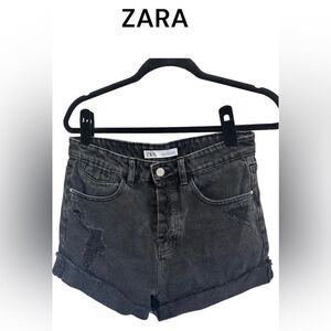 ZARA washed black cut off high rise button fly distress denim jean short 6